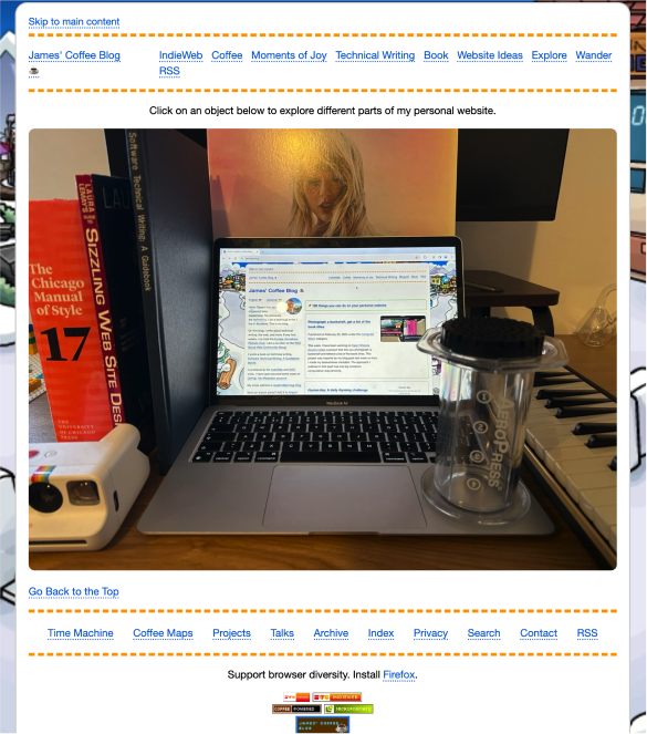 Screenshot of capjamesg's about page, showing a photo of his workspace with interactive links