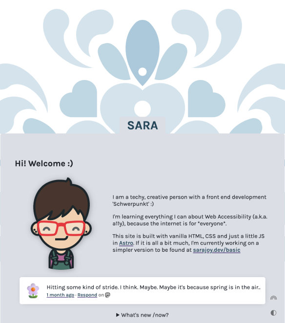 Screenshot of Sarah Joy's home page, a beautiful pattern with heards and fluid shapes. There is also a cartoon character of herself along with a description of herself.